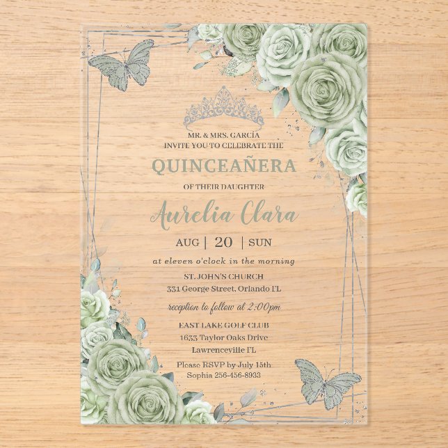 Sage Green Floral Butterfliegen Silver Quinceañera Acryleinladungen (Vorderseite)