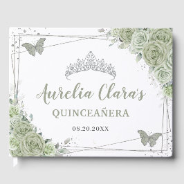 Sage Green Floral Butterfliegen Silver Quinceañera Gästebuch