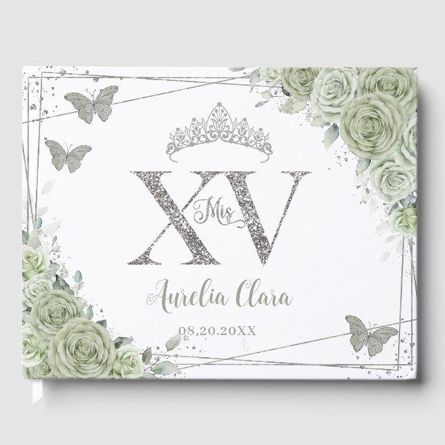 Sage Green Floral Butterfliegen Silver Quinceañera Gästebuch (Vorderseite)