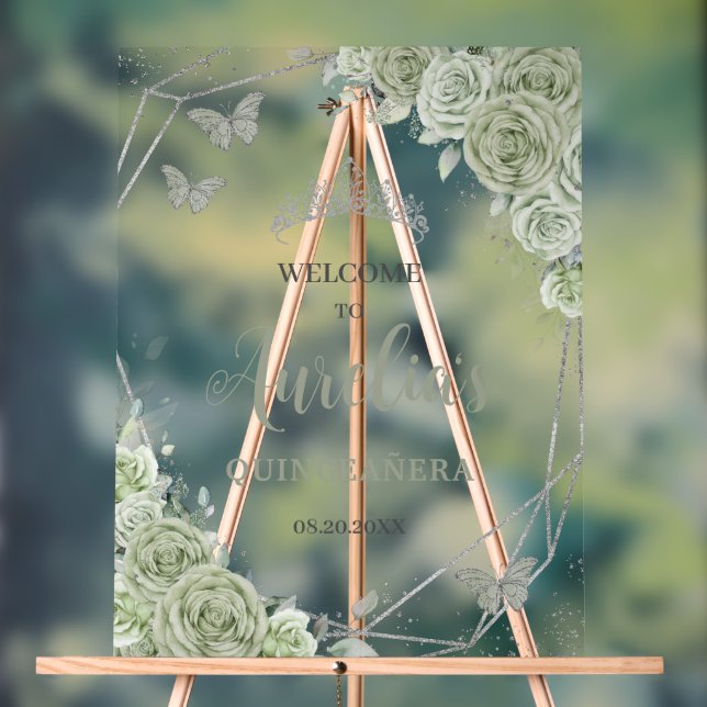 Sage Green Floral Butterfly Quinceañera XV Willkom Acrylschild (Neutral)