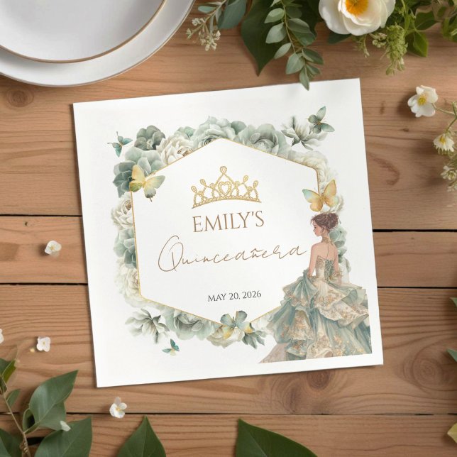 Sage Green Floral Butterfly Tiara Quinceañera Serviette (Von Creator hochgeladen)