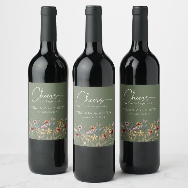 Sage Green Floral Cheers Hochzeit Weinetikett (Sage Green Floral Cheers Wedding Wine Label with Butterfly by Painted Paperie
)