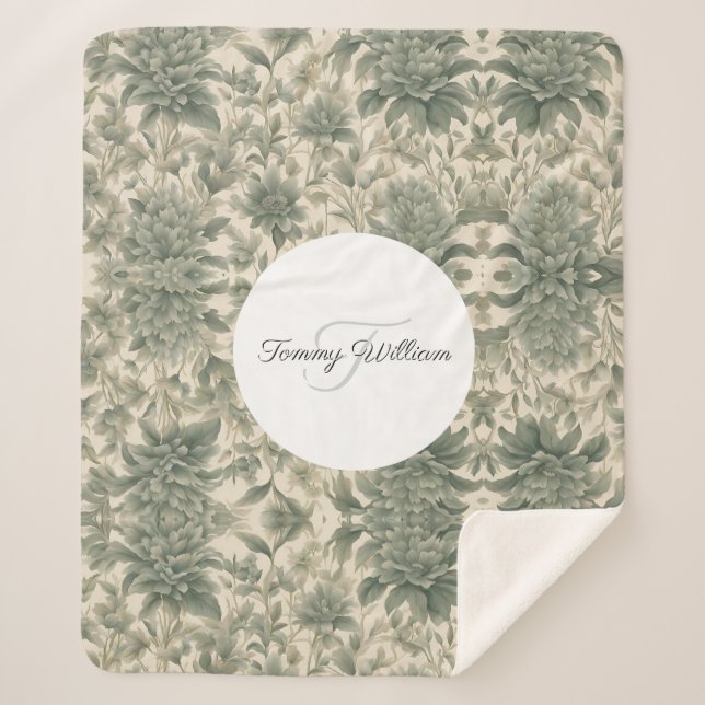 Sage Green Floral Elegant Sherpadecke (Vorderseite)