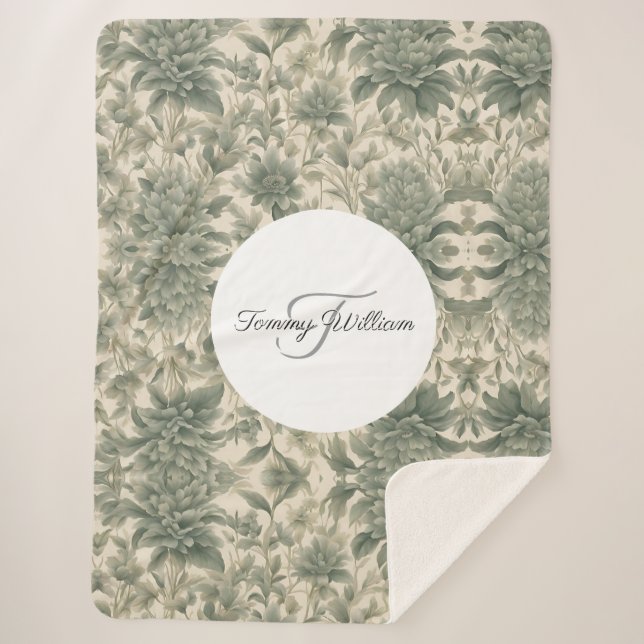 Sage Green Floral Elegant Sherpadecke (Vorderseite)