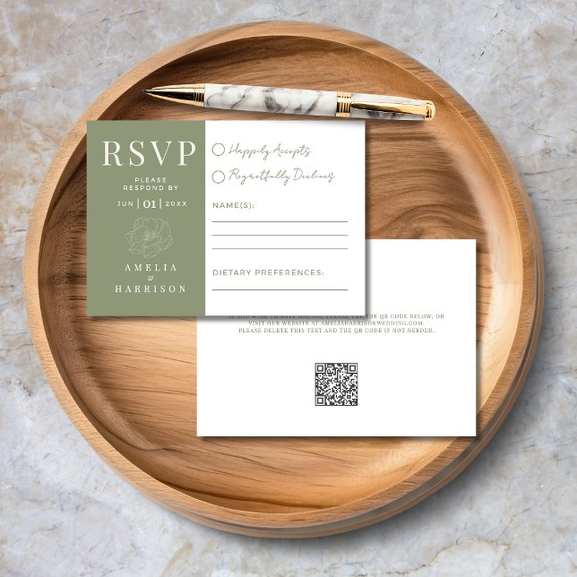 Sage Green Floral Elegante Hochzeit RSVP Karte (Sage Green Floral Elegant Wedding  RSVP Card with Dietary Preferences, QR Code, Wedding Website.)