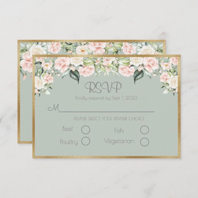 Sage Green Floral Elegante Script Hochzeit RSVP Karte (Vorne/Hinten)