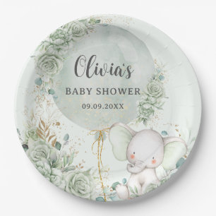 Sage Green Floral Elephant Baby Shower Pappteller
