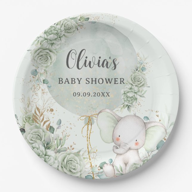 Sage Green Floral Elephant Baby Shower Pappteller (Vorderseite)