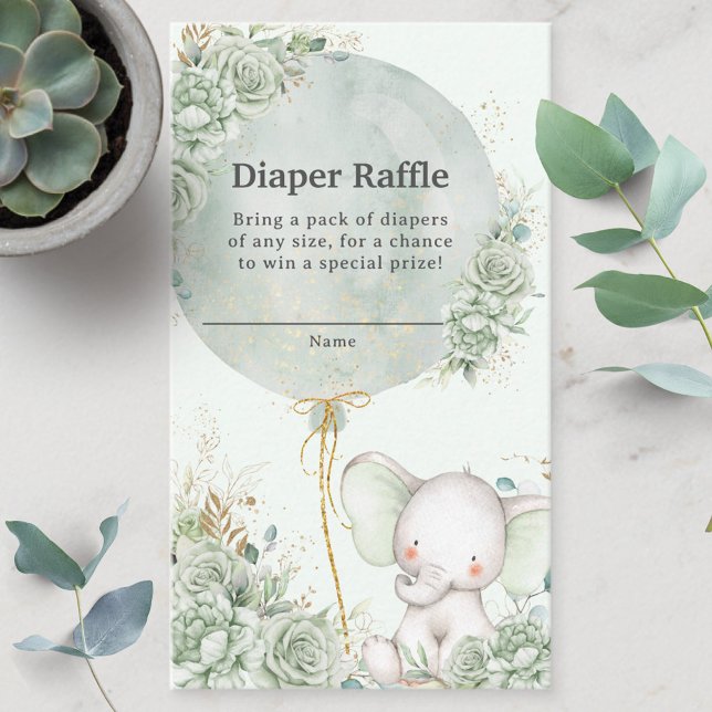 Sage Green Floral Elephant Diaper Raffle Neutral Begleitkarte (Von Creator hochgeladen)