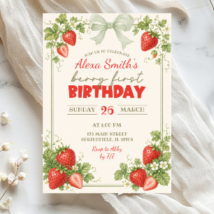 Sage Green Floral Erdbeere Beere Erster Geburtstag Einladung