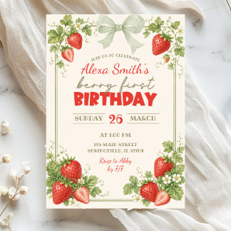 Sage Green Floral Erdbeere Beere Erster Geburtstag Einladung