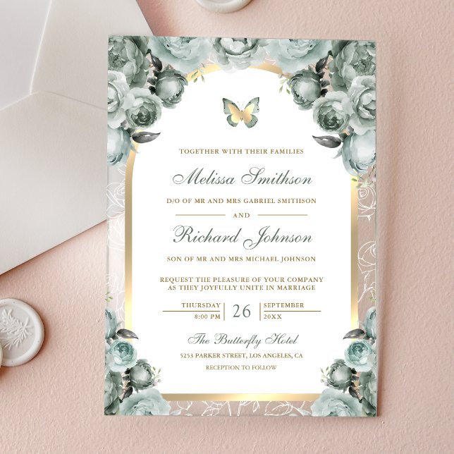 Sage Green Floral Gold Arch Butterfly Wedding Acryleinladungen (Von Creator hochgeladen)