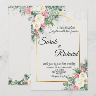 Sage Green Floral Gold Arch Wedding Invitation Einladung