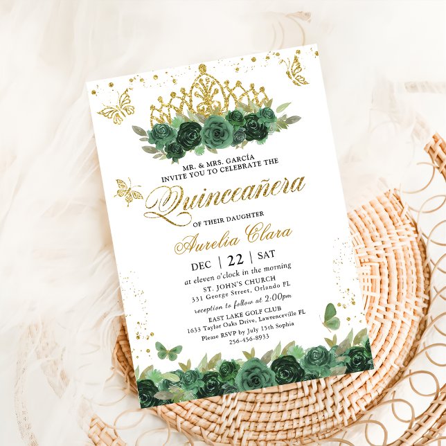 Sage Green Floral Gold Schmetterlinge Quinceañera Einladung (Von Creator hochgeladen)