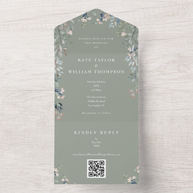 Sage Green Floral Greenerity QR Code Hochzeit All In One Einladung (Innen Boden)