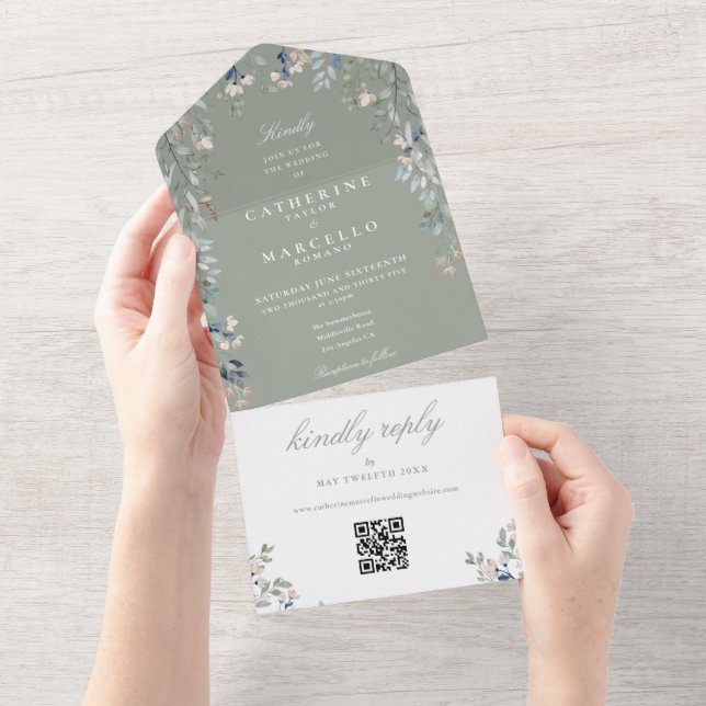 Sage Green Floral Greenerity QR Code Hochzeit All In One Einladung (Abreißen)