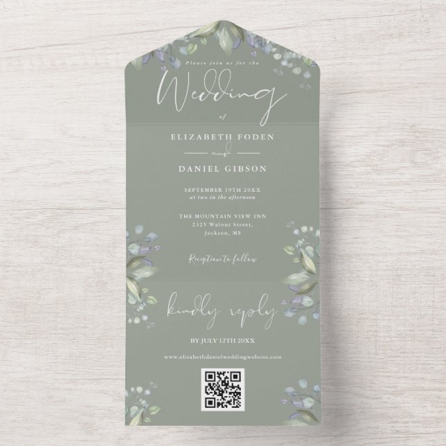 Sage Green Floral Greenerity Script QR Code Hochze All In One Einladung (Innen Boden)