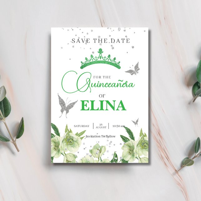 Sage Green Floral Kronen Schmetterlinge Quinceañer Save The Date (Von Creator hochgeladen)