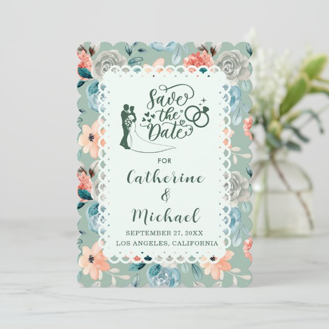 Sage Green Floral Lace Elegante Wedding Calligraph Einladung (Stehend Vorderseite)