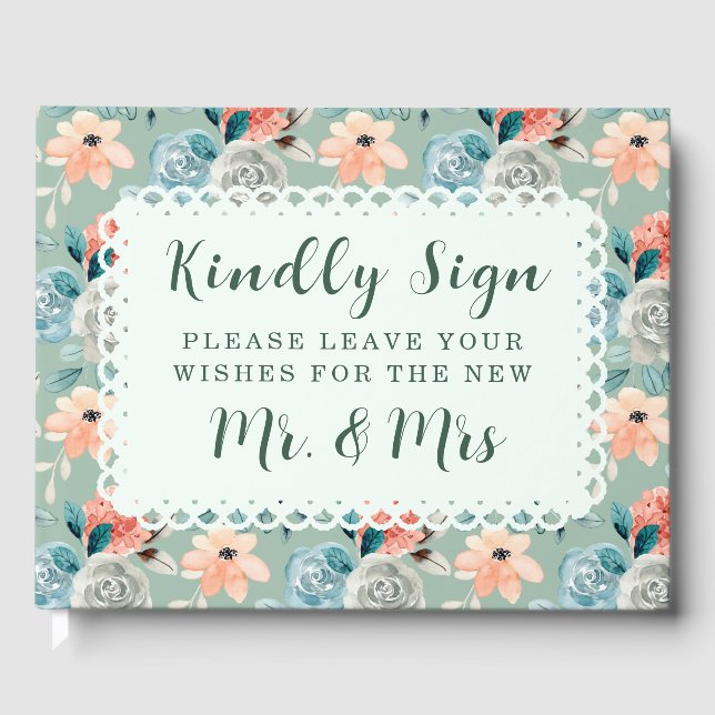 Sage Green Floral Lace Elegante Wedding Calligraph Gästebuch (Vorderseite)