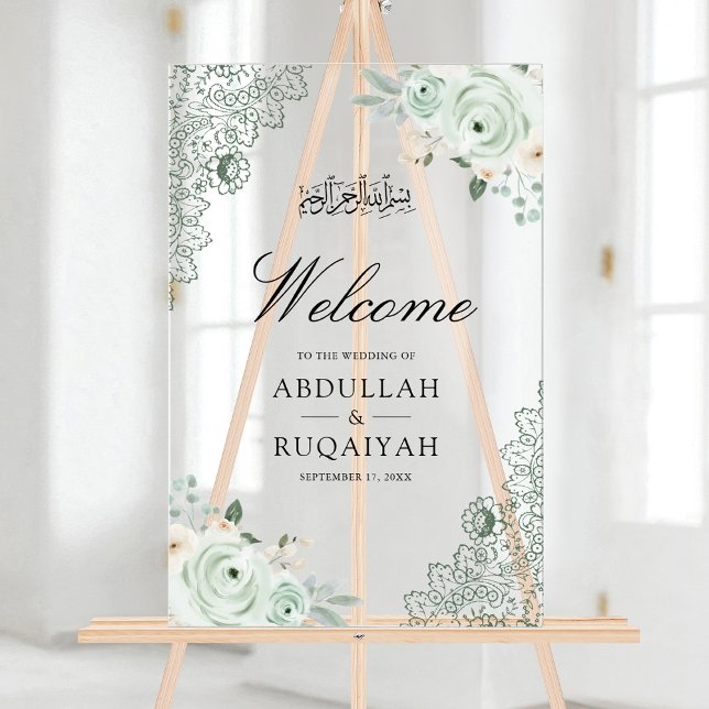 Sage Green Floral Lace Muslim Wedding Welcome Acrylschild (Von Creator hochgeladen)
