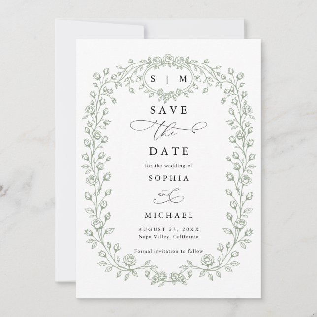Sage Green Floral Line Art Save The Date (Vorderseite)