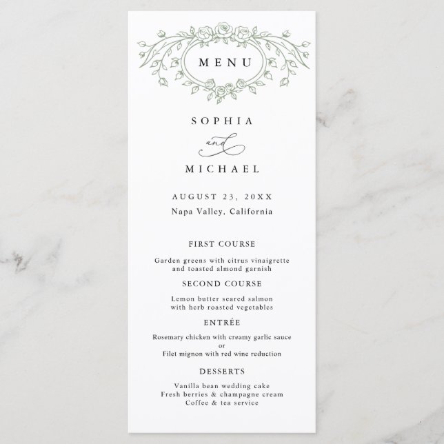 Sage Green Floral Line Art Wedding Flat Menu Menükarte (Vorderseite)