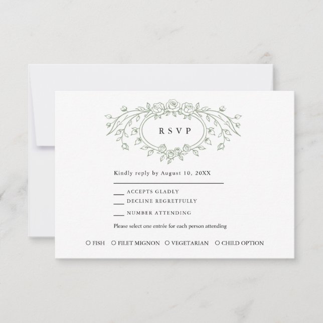 Sage Green Floral Line Art Wedding Response Card RSVP Karte (Vorderseite)