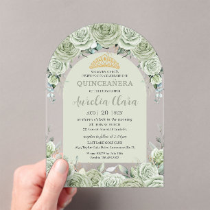 Sage Green Floral Modern Arch Gold Quinceanera Acryleinladungen
