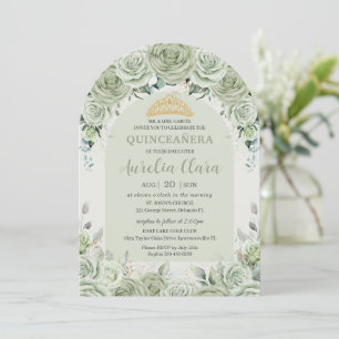 Sage Green Floral Modern Arch Gold Quinceanera Einladung