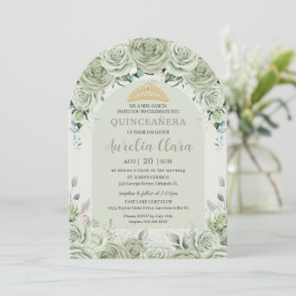Sage Green Floral Modern Arch Gold Quinceanera Einladung