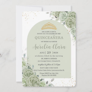 Sage Green Floral Modern Arch Gold Quinceanera Einladung