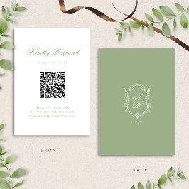 Sage Green Floral Monogram Crest Wedding QR Code RSVP Karte