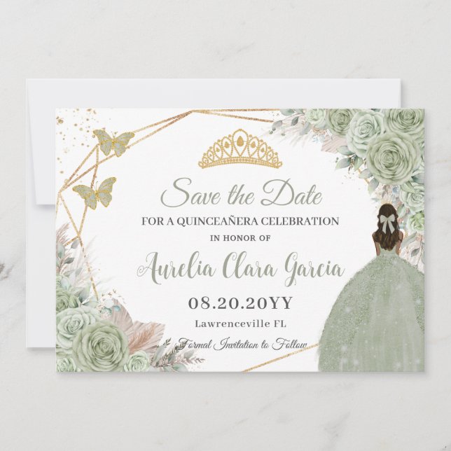 Sage Green Floral Pampas Grass Quinceanera Gold Save The Date (Vorderseite)