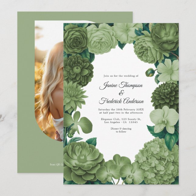 Sage Green Floral Photo and QR Code Wedding Einladung (Vorne/Hinten)
