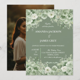 Sage Green Floral Photo Back Wedding  Einladung
