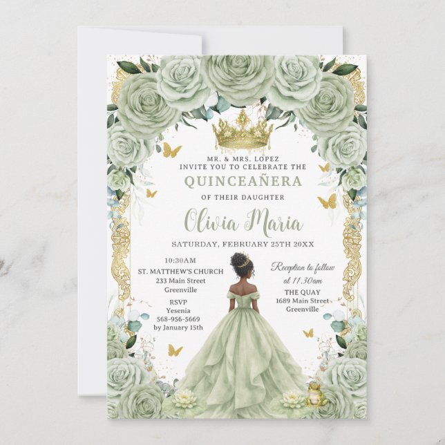 Sage Green Floral Princess and Frog Quinceañera  Einladung (Vorderseite)