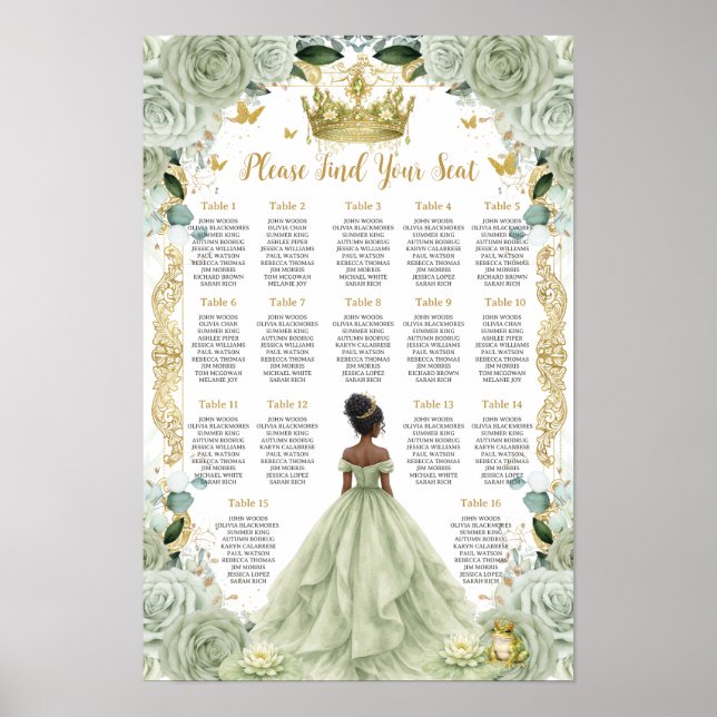 Sage Green Floral Princess and Frog Seating Chart Poster (Vorne)