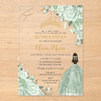 Sage Green Floral Princess Dress Gold Quinceañera Acryleinladungen