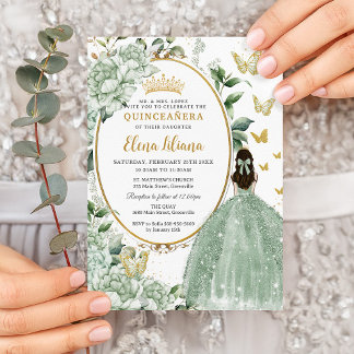 Sage Green Floral Princess Dress Gold Quinceañera Einladung