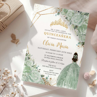 Sage Green Floral Princess Dress Gold Quinceañera Einladung
