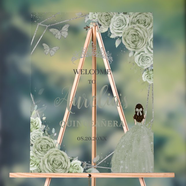 Sage Green Floral Princess Quinceañera XV Willkomm Acrylschild (Neutral)