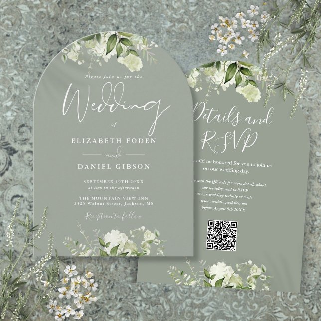 Sage Green Floral QR Code Wedding Arch Einladung (Sage Green Floral QR Code Wedding Arch Invitation)