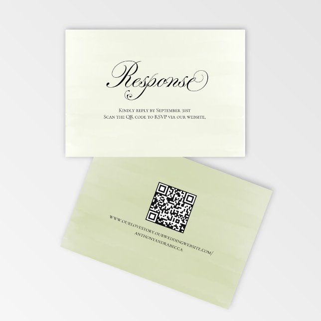 Sage Green Floral QR Code Wedding RSVP Script Karte (Elegant sage green floral RSVP card with QR code for easy online responses)