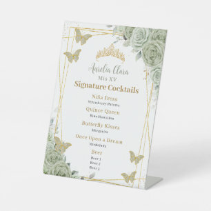 Sage Green Floral Quinceanera Bar Cocktail Menü Sockelschild