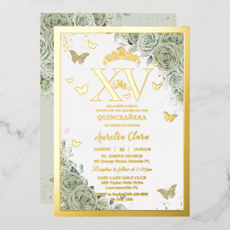 Sage Green Floral Quinceañera Butterfliegen XV Gol Folieneinladung