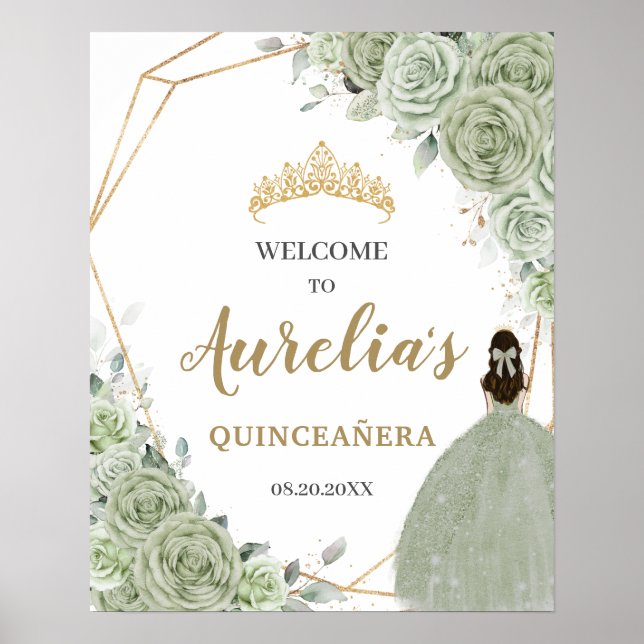 Sage Green Floral Quinceañera Geometrie Willkommen Poster (Vorne)