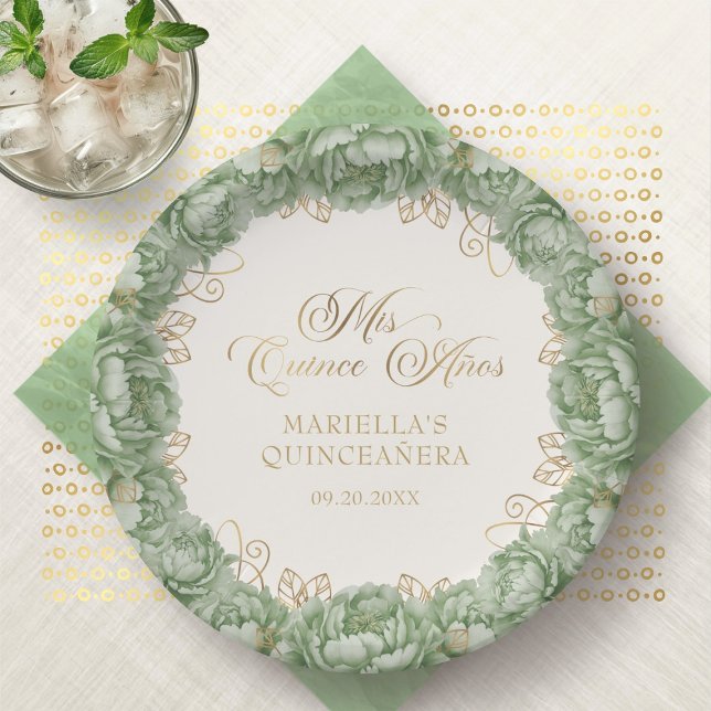 Sage Green Floral Quinceanera Pappteller (Von Creator hochgeladen)