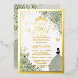 Sage Green Floral Quinceañera Quince 15 XV Gold Folieneinladung