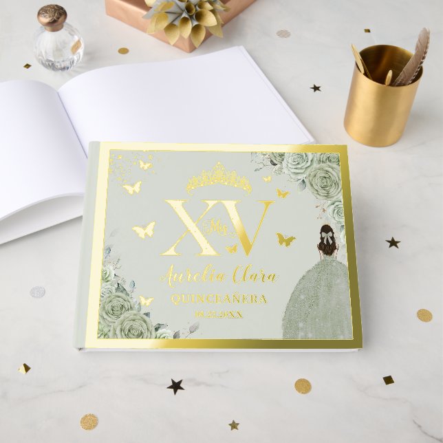 Sage Green Floral Quinceañera Quince 15 XV Gold Gästebuch (Vorderseite offen)